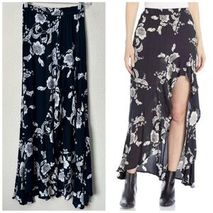 Billabong Boho Floral Print Ruffle Trim Front Slit Maxi Skirt